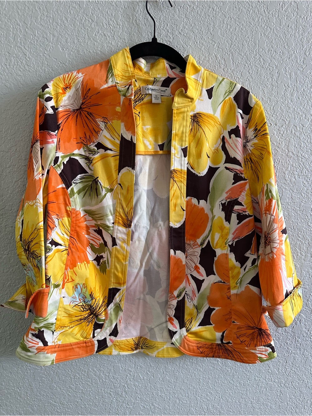 Coldwater Creek Floral Open Front Jacket Cotton Stretch Yellow Orange Size 10 - Picture 2 of 8